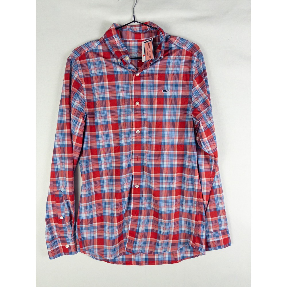 Vineyard Vines Performance Classic Fit Plaid Whale Shirt Mens XS Red Blue Preppy